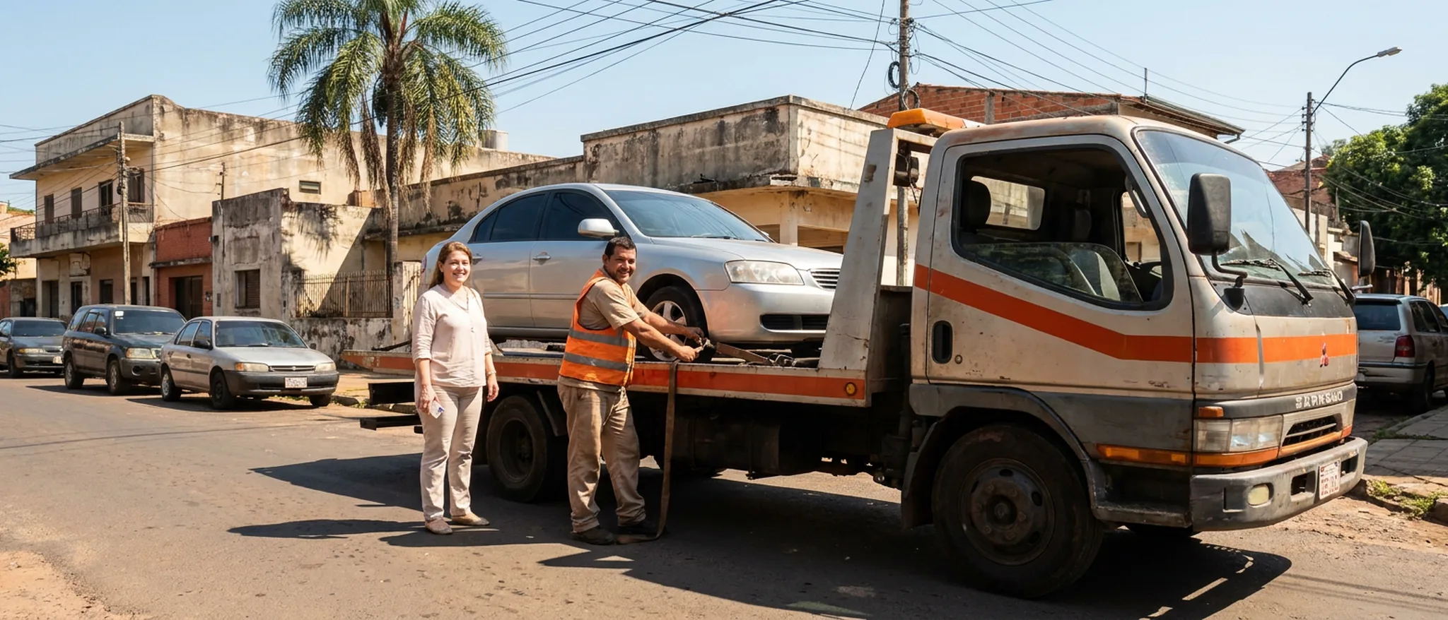 Grúa de plataforma cargando un vehículo en una calle de Asunción