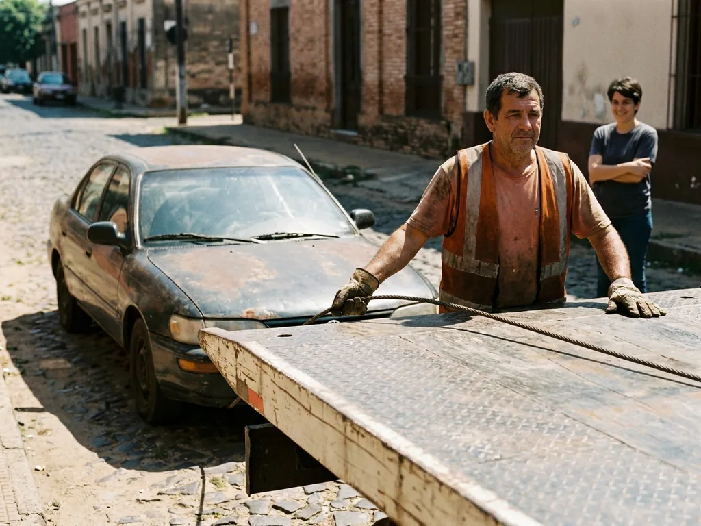 Vehículo siendo cargado sobre la plataforma de una grúa